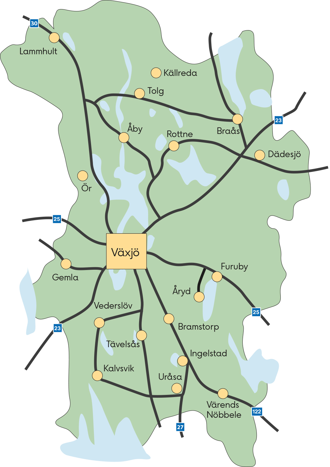 Karta över Växjö kommun. Kartan visar vart Vidingehem har hyreslägenheter. Kartan är klickbar.